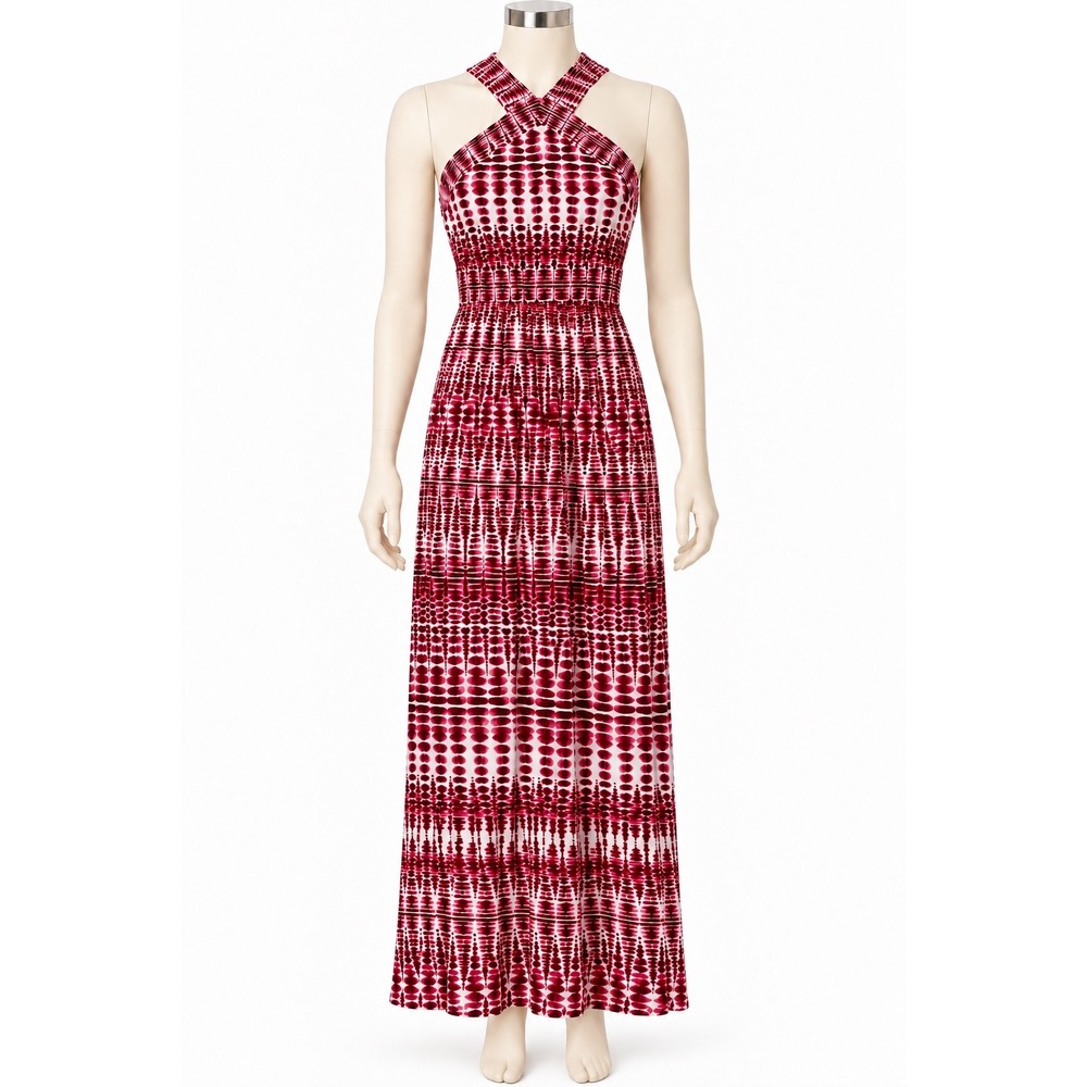 Wisp Pink Red White Geometric Halter Maxi Dress Smocked Empire Waist Size 8